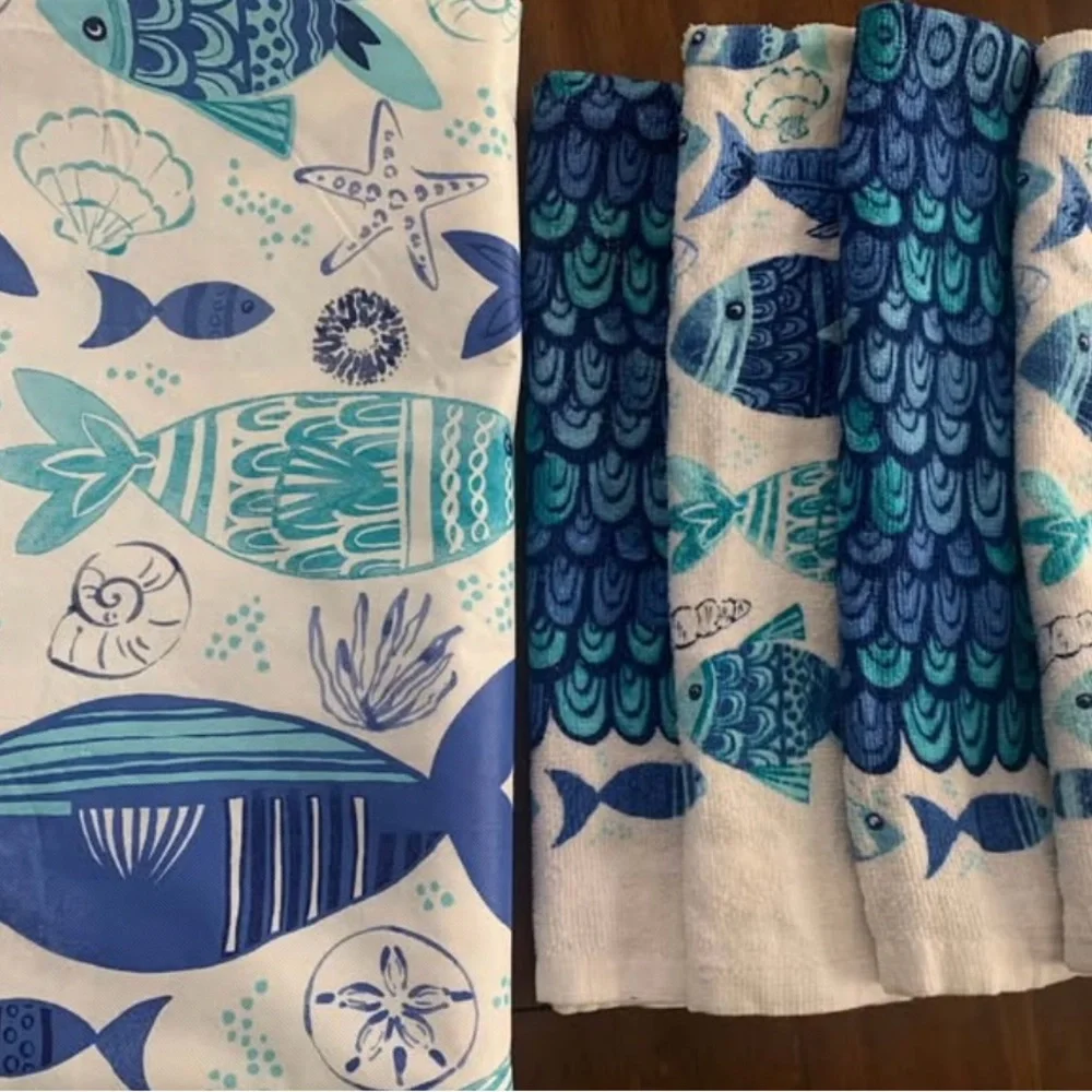 Blue and White Fish Pattern Towels